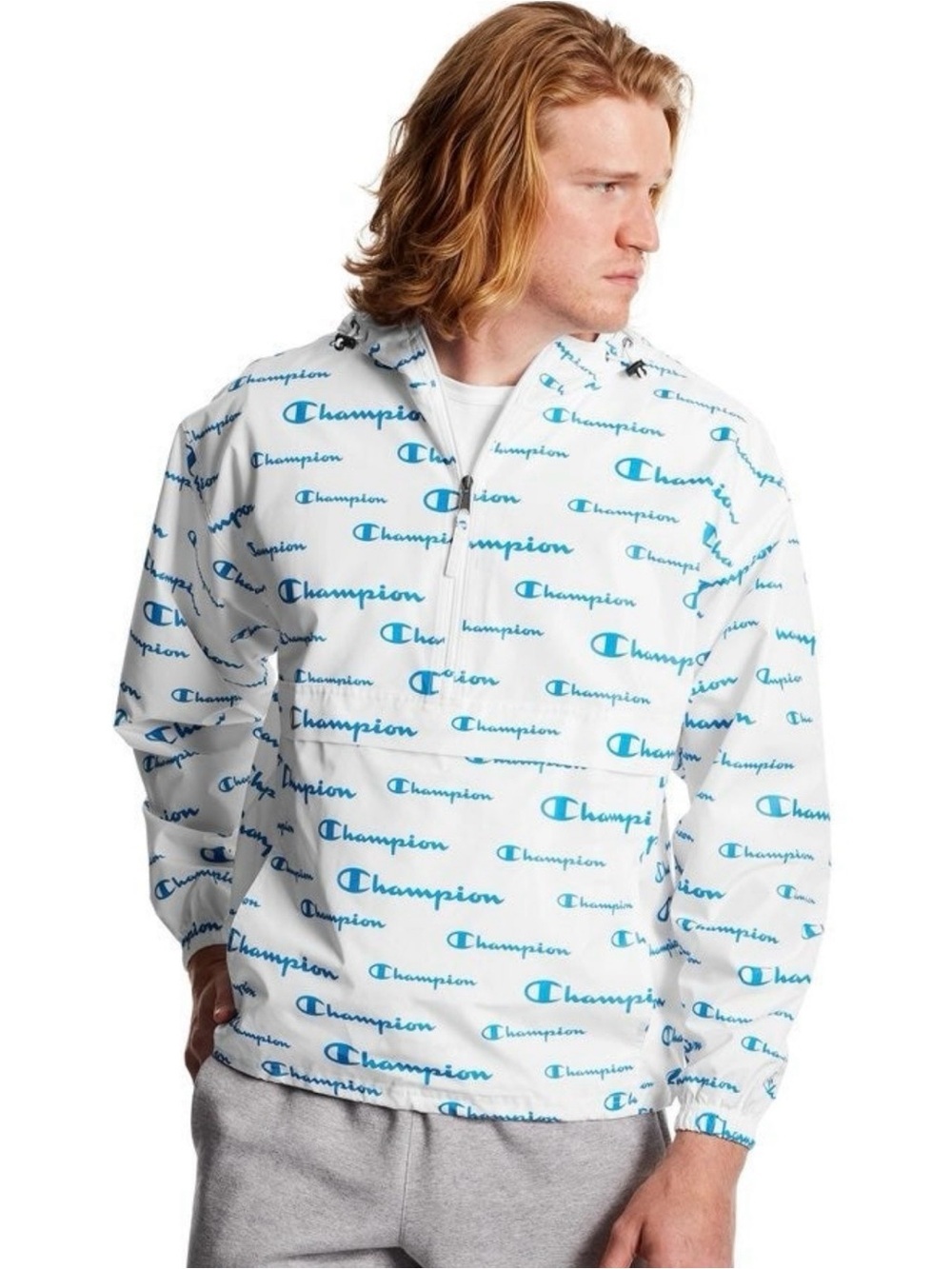Champion NWT Men’s Small White Hooded Packable Windbreaker Blue All-Over Logo